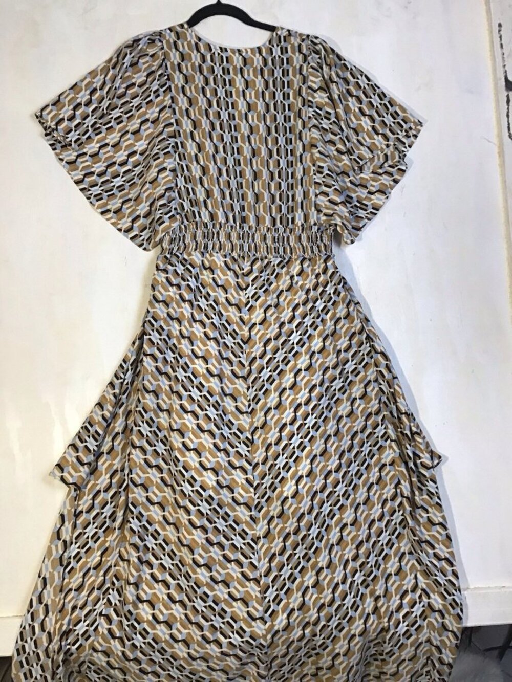 Melloday Geometric Print Smocked Waist Flutter Sleeve Rachelle Maxi Dress S - Picture 4 of 7